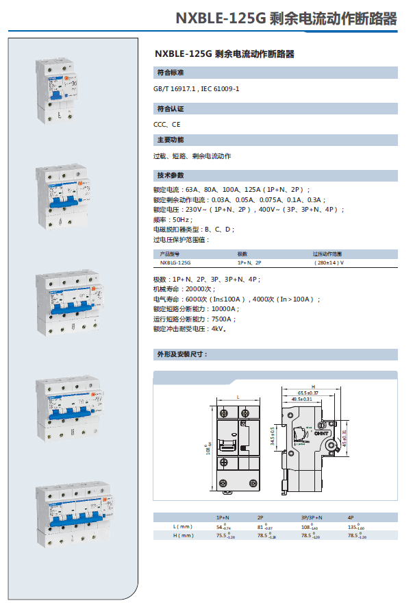 NXBLE-125G剩余电流动作断路器选型手册